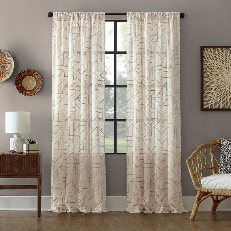 Archaeo - 54889 Fragmented Geometric Embroidery Mid-Century Modern Natural Blend Curtain, 50" x 84" Panel, Gold/Linen - Image 1